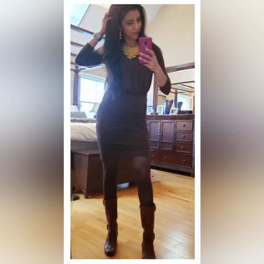 Max Studio Ruch Brown Fitted Midi Dress Size XS